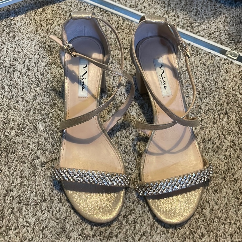 Gold rhinestone Nina block heels 	NORA REFLECTIVE SUEDETTE-TAUPE size 10